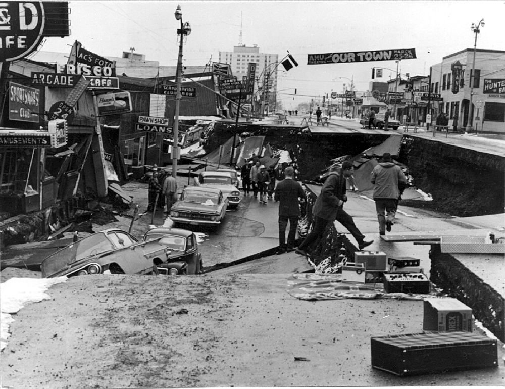 Fourth Avenue in downtown Anchorage dropped about 11 feet below the rest of the street after the 1964 earthquake