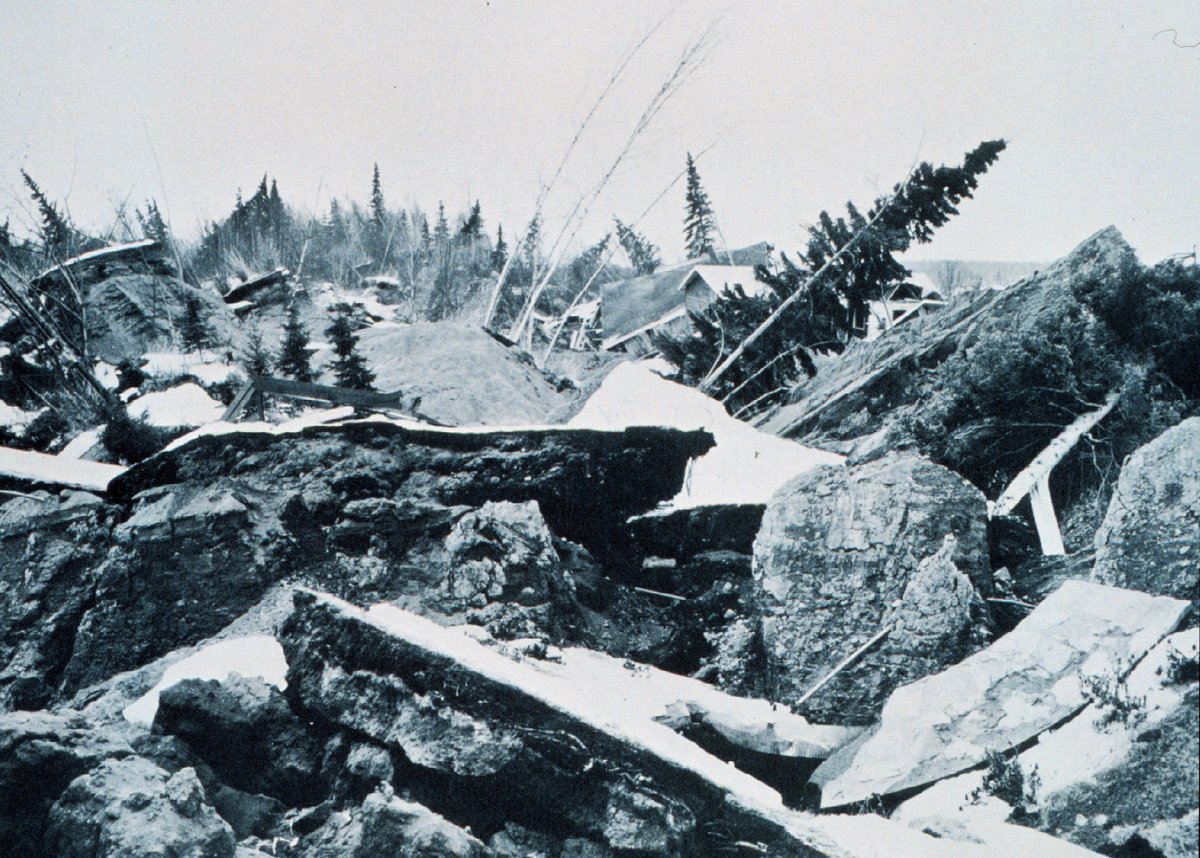 The Turnagain Heights neighborhood of Anchorage destroyed by a landslide in the 1964 earthquake